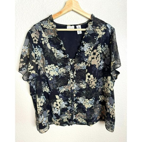 Women's Short Sleeve Black Floral Blouse Size 20W Sheer Sleeves Feminine Office - Picture 1 of 11